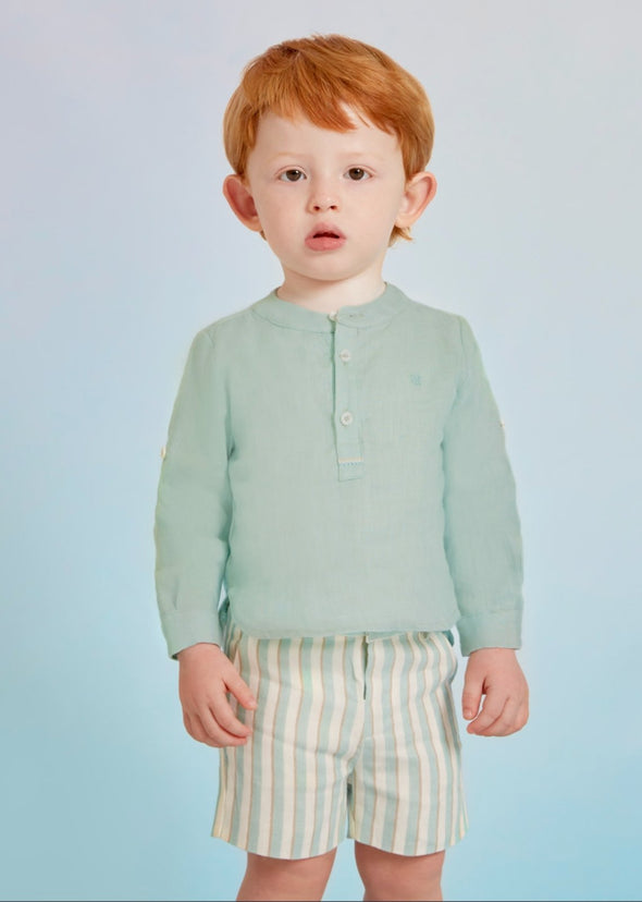 Abel & Lula Baby & Toddler BOYS Mint Striped Linen Shirt & Shorts Set | HONEYPIEKIDS 
