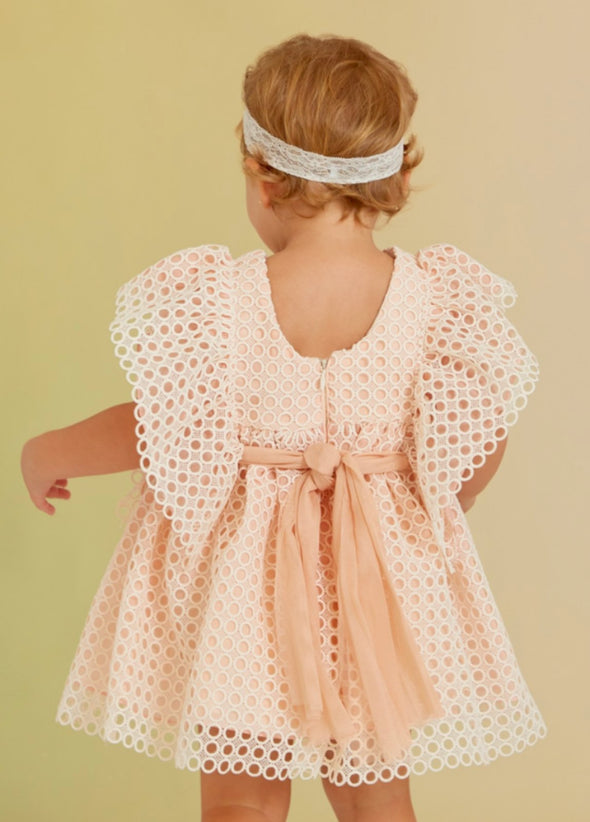 Abel & Lula Baby & Toddler Girls Embroidered Peach Guipure Dress | HONEYPIEKIDS 