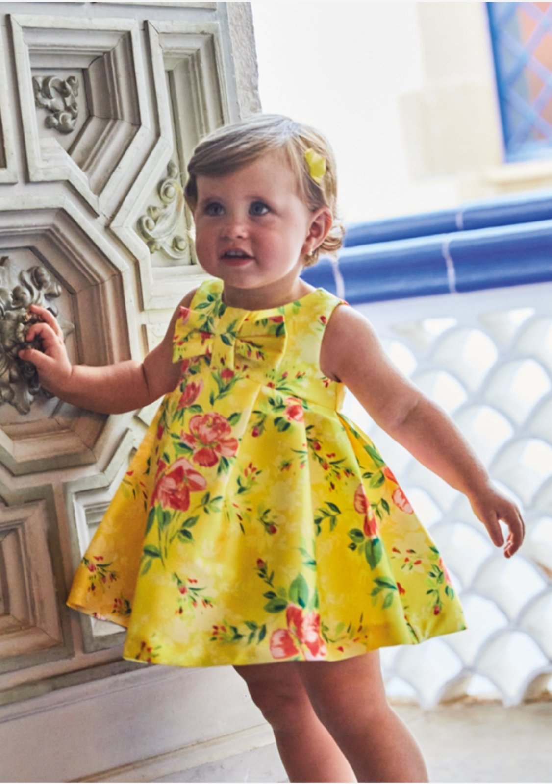 Abel & Lula Baby & Toddler Girls Yellow Floral Bow Mikado Dress | HONEYPIEKIDS 