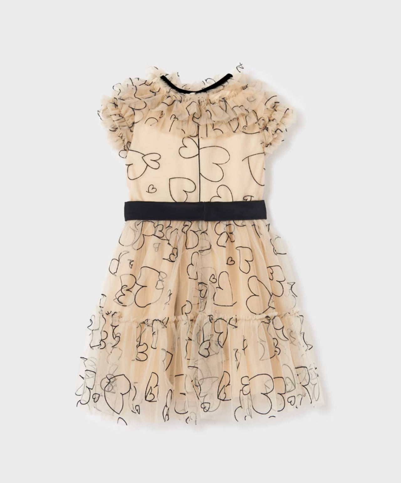 Abel & Lula Girls Beige Flocked Hearts Tulle Dress | HONEYPIEKIDS 