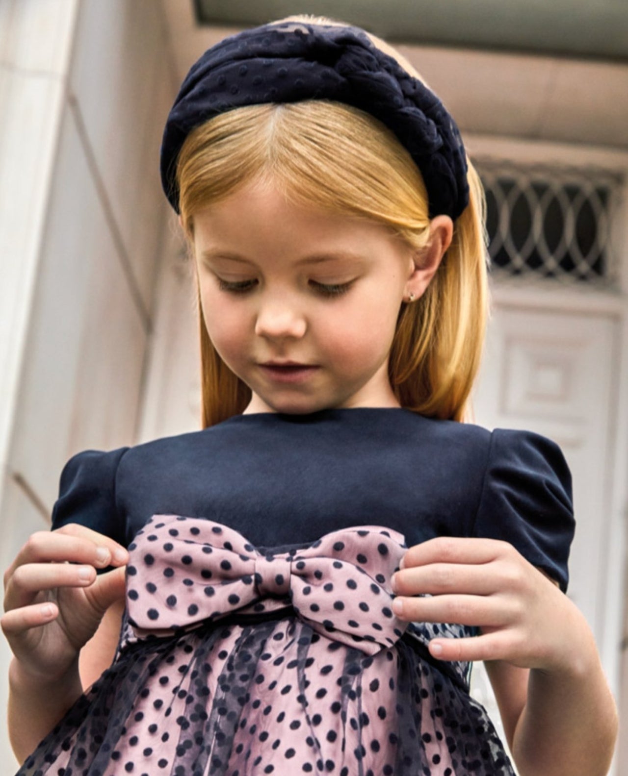 Abel & Lula Girls Navy Flocked Tulle Polka Dot Headband | HONEYPIEKIDS 