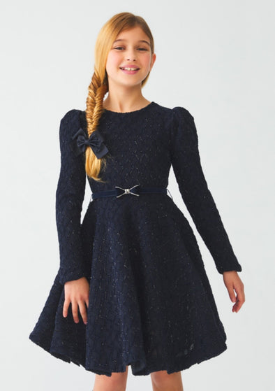 Abel and Lula Girls Navy Long Sleeve Jacquard Sparkle Knit Dress | HONEYPIEKIDS 