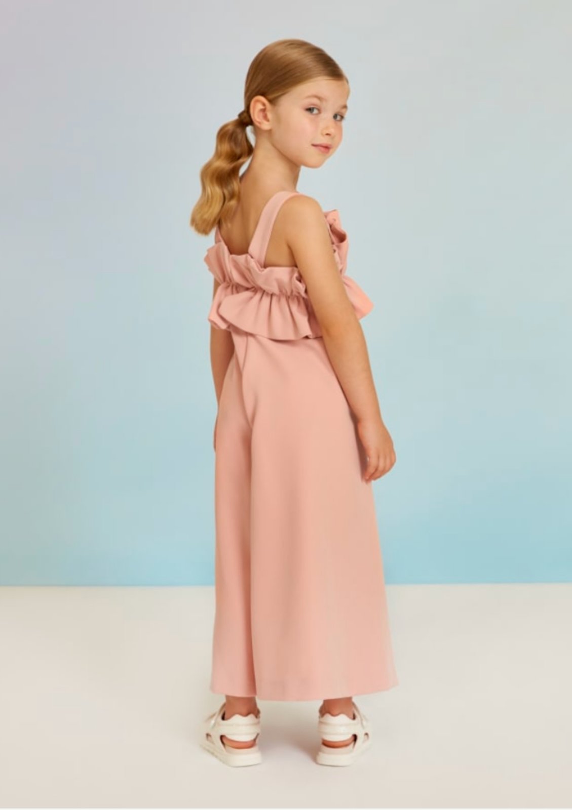 Abel & Lula Girls Pale Pink Crepe Ruffle Jumpsuit | HONEYPIEKIDS 