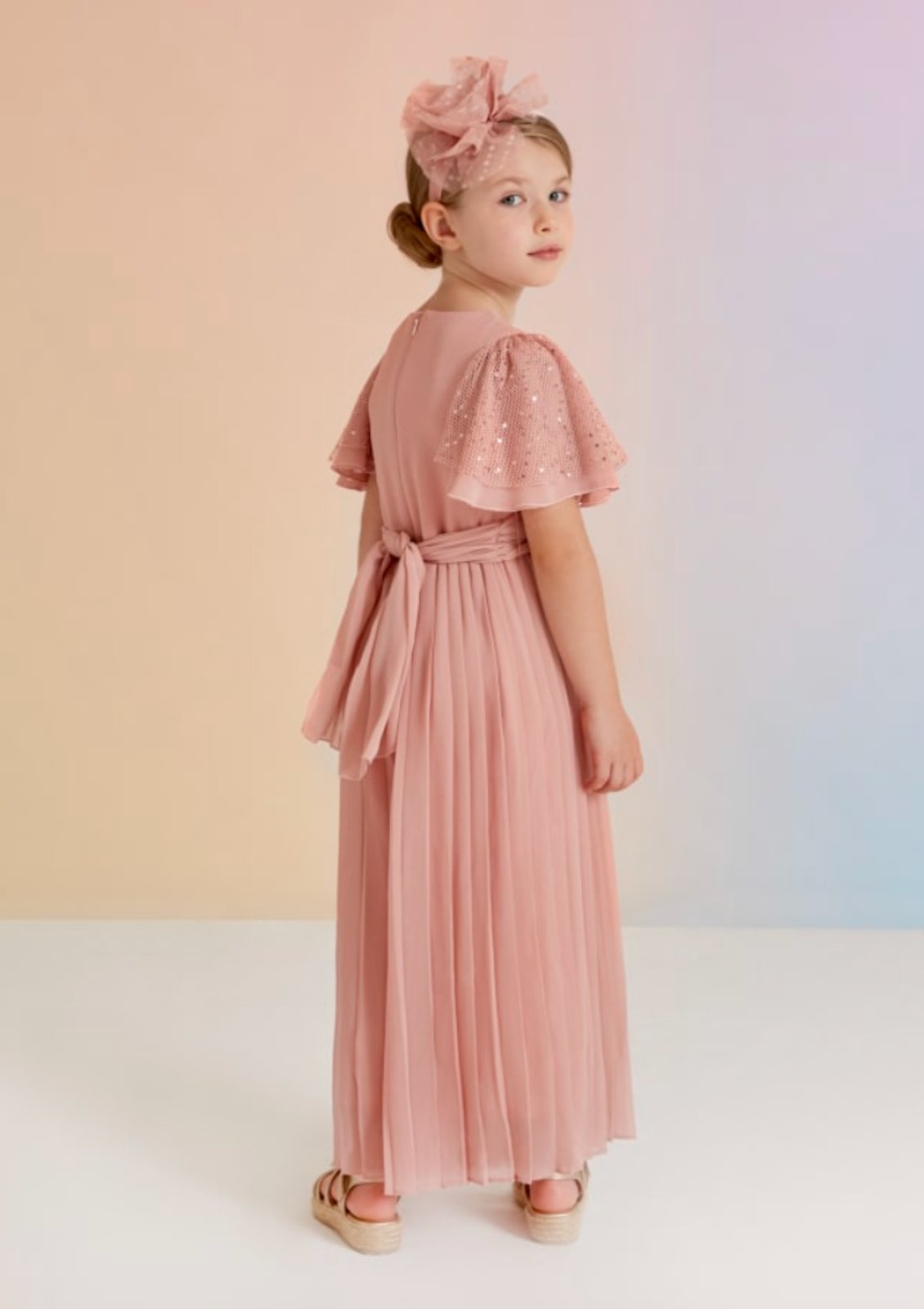 Abel & Lula Girls Pale Pink Pleated Chiffon Pant Jumpsuit | HONEYPIEKIDS 