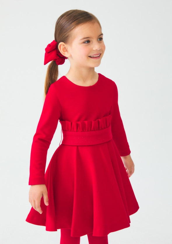 Abel and Lula Girls RED Long Sleeve Glittered Belt Knit Dress | HONEYPIEKIDS