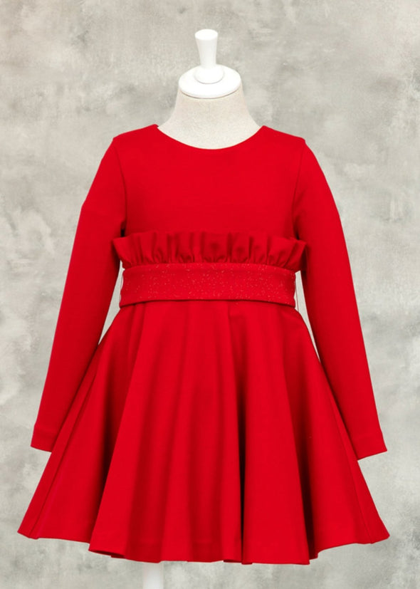 Abel and Lula Girls RED Long Sleeve Glittered Belt Knit Dress | HONEYPIEKIDS 