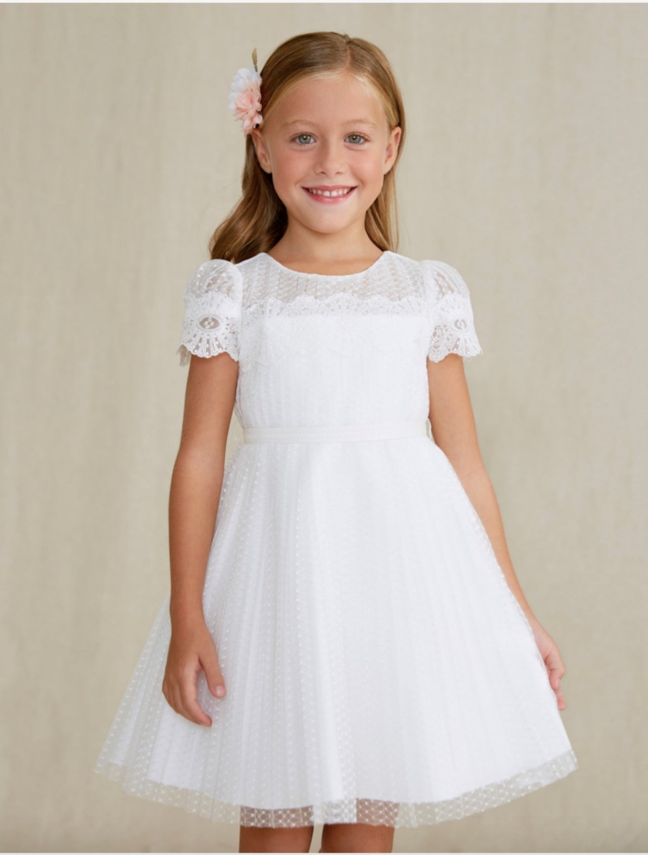 Abel & Lula Girls White Pleated Tulle Dress | HONEYPIEKIDS 