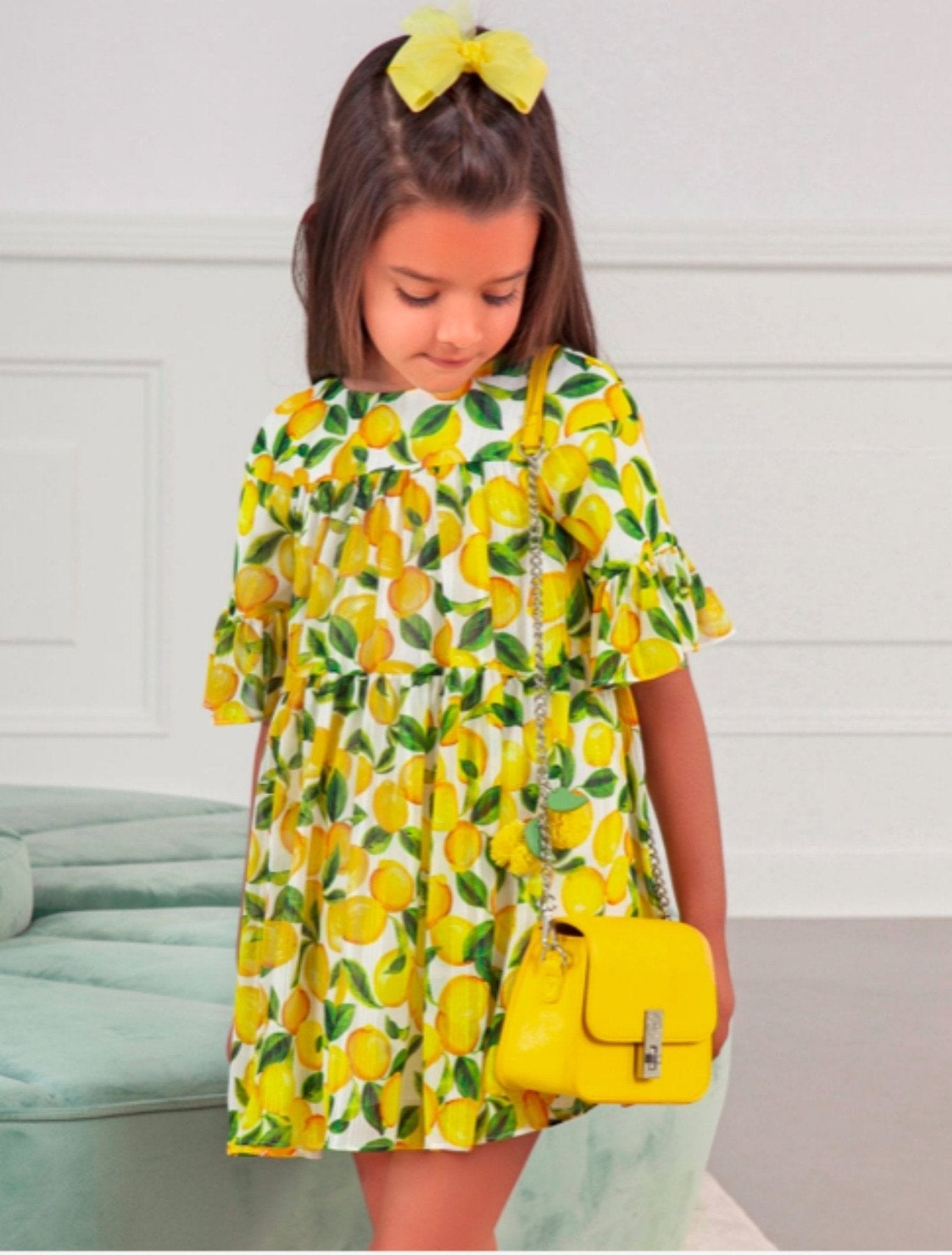 Abel & Lula Girls Yellow Lemon Printed Chiffon Dress | HONEYPIEKIDS 