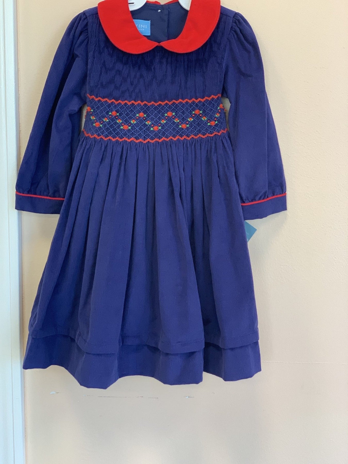 Anavini Girls Blue Corduroy Hand Smocked Dress