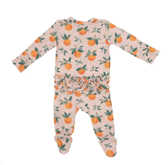 Angel Dear Baby Girls Orange Blossoms 2-Way Ruffle Back Zipper Footie | HONEYPIEKIDS 