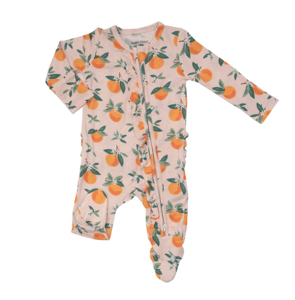 Angel Dear Baby Girls Orange Blossoms 2-Way Ruffle Back Zipper Footie | HONEYPIEKIDS