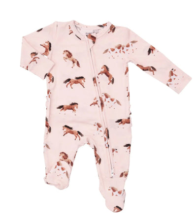 Angel Dear Baby Girls Pink Horses 2 Way Ruffle Back Footie | HONEYPIEKIDS | Kids Boutique Clothing