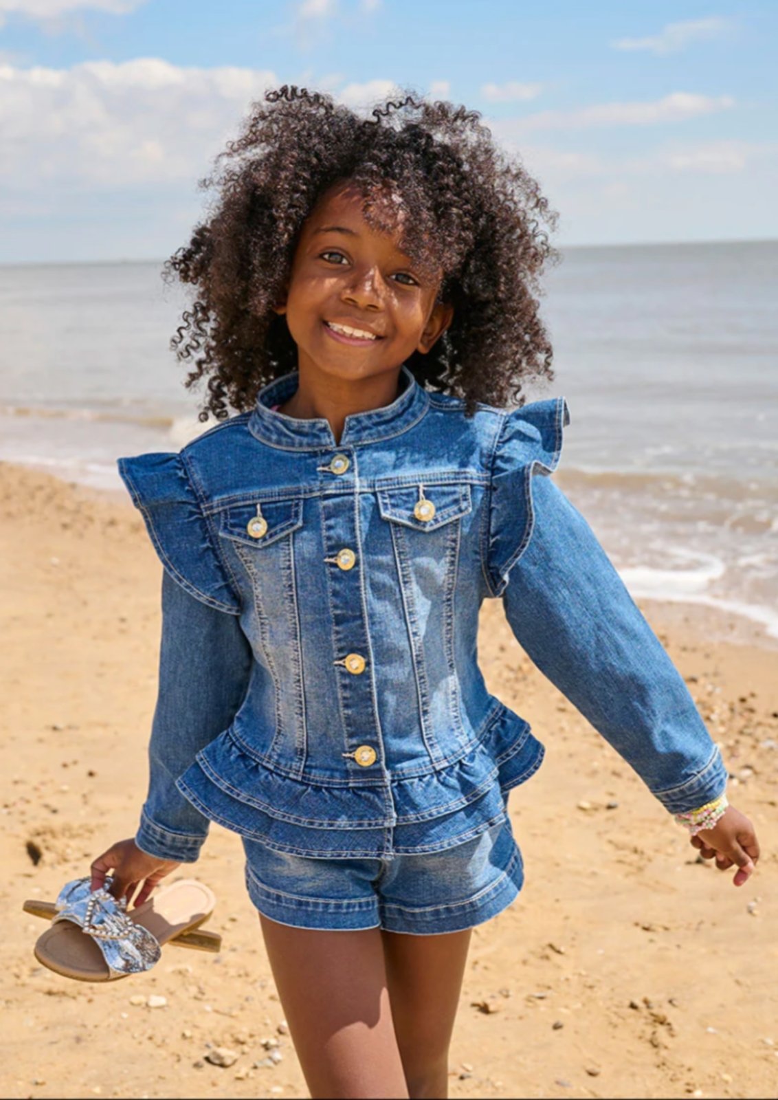 Angel's Face Girls Indigo Denim Ruffle Shoulder Jacket | HONEYPIEKIDS 