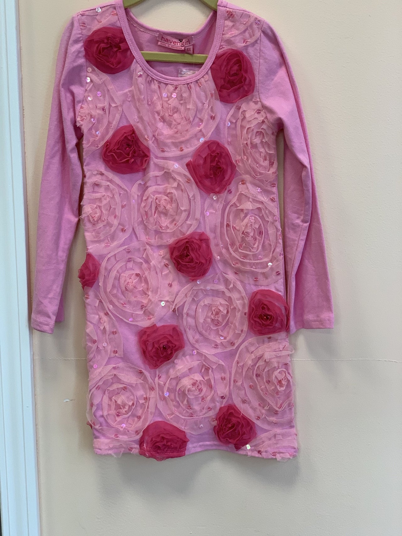 HavenGirl Pink Rosette Soutache Long Sleeve Dress | HONEYPIEKIDS 
