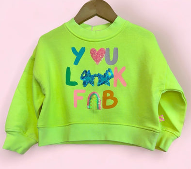 Billieblush Girls Neon Yellow YOU LOOK FAB French Terry Sweatshirt | HONEYPIEKIDS
