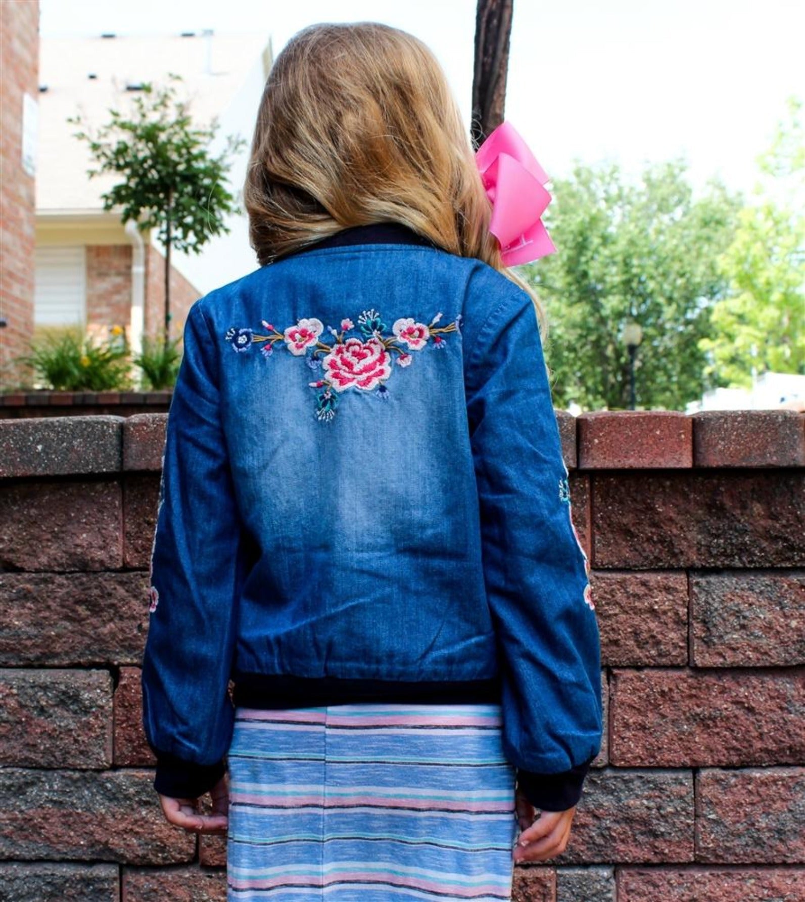 Blu & Blue Girls Embroidered Denim Flower Jacket | HONEYPIEKIDS 