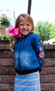 Blu & Blue Girls Embroidered Denim Flower Jacket | HONEYPIEKIDS 
