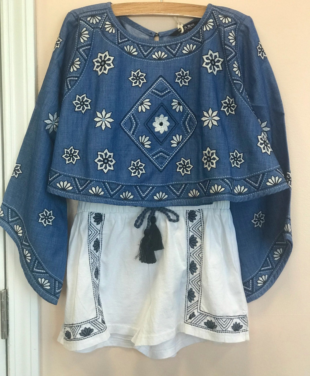 Blu & Blue Tabitha Dark Blue and White Embroidered Top | HONEYPIEKIDS 