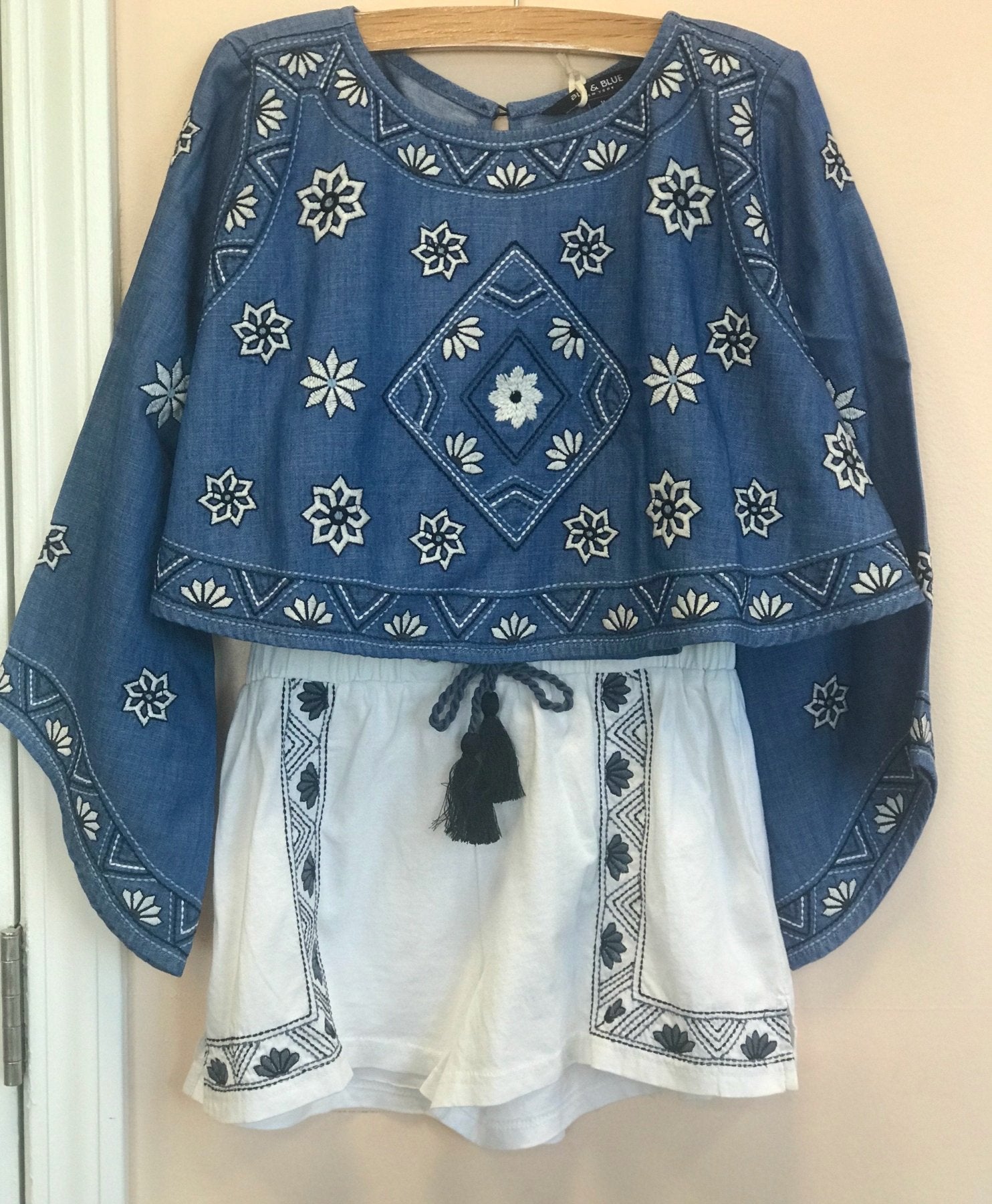 Blu & Blue Tabitha Dark Blue and White Embroidered Top | HONEYPIEKIDS 