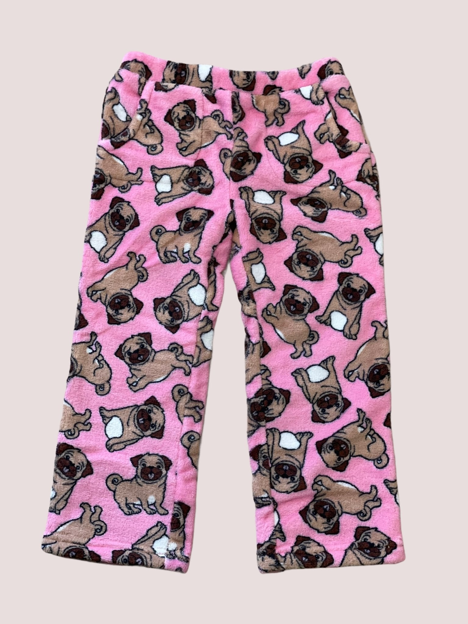 Candy Pink Girls Fleece Pajama Pants in Pug Dog Pattern