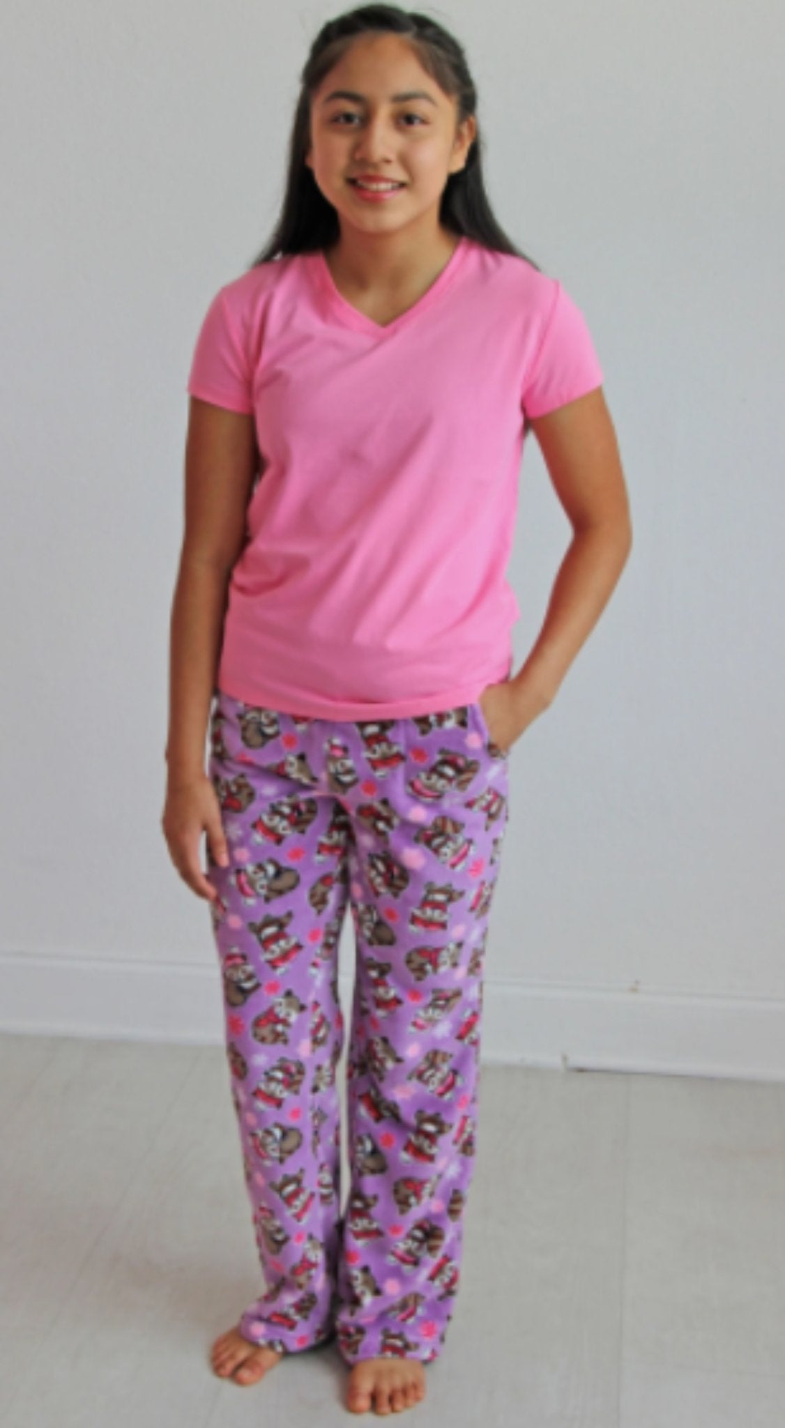 Candy Pink Girls Fleece RACOON & SMORES Pattern Pajama Pants | HONEYPIEKIDS 