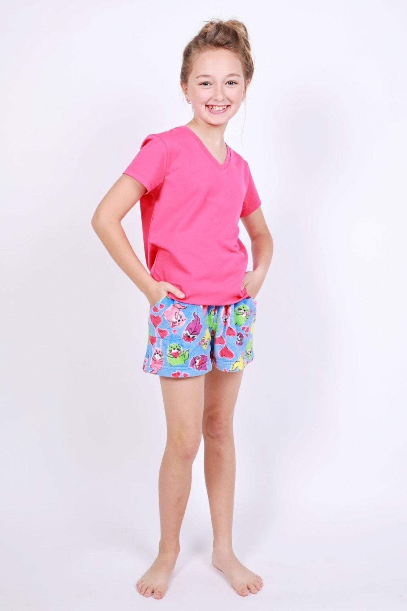 Candy Pink Girls Fleece Pajama Shorts in Otter Pattern