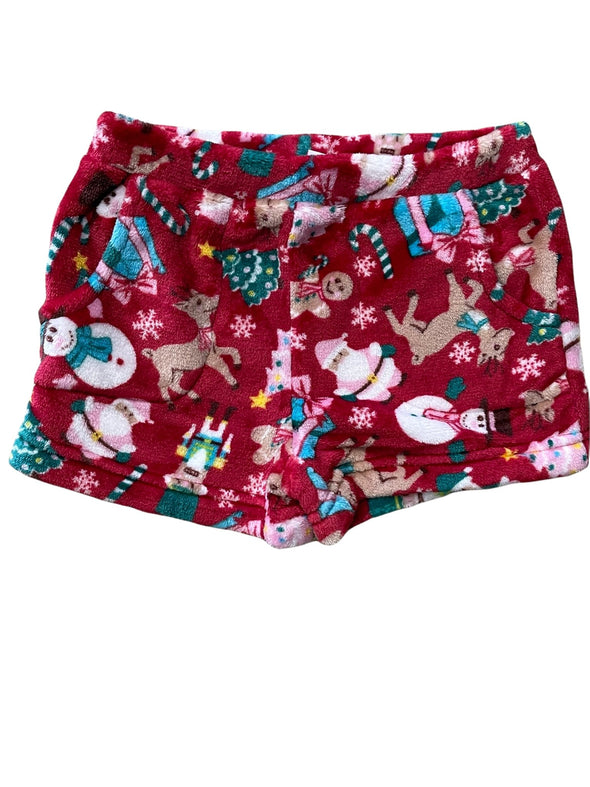 Candy Pink Girls Fleece Pajama Shorts in Santa Holiday Pattern | HONEYPIEKIDS | Kids Boutique Clothing