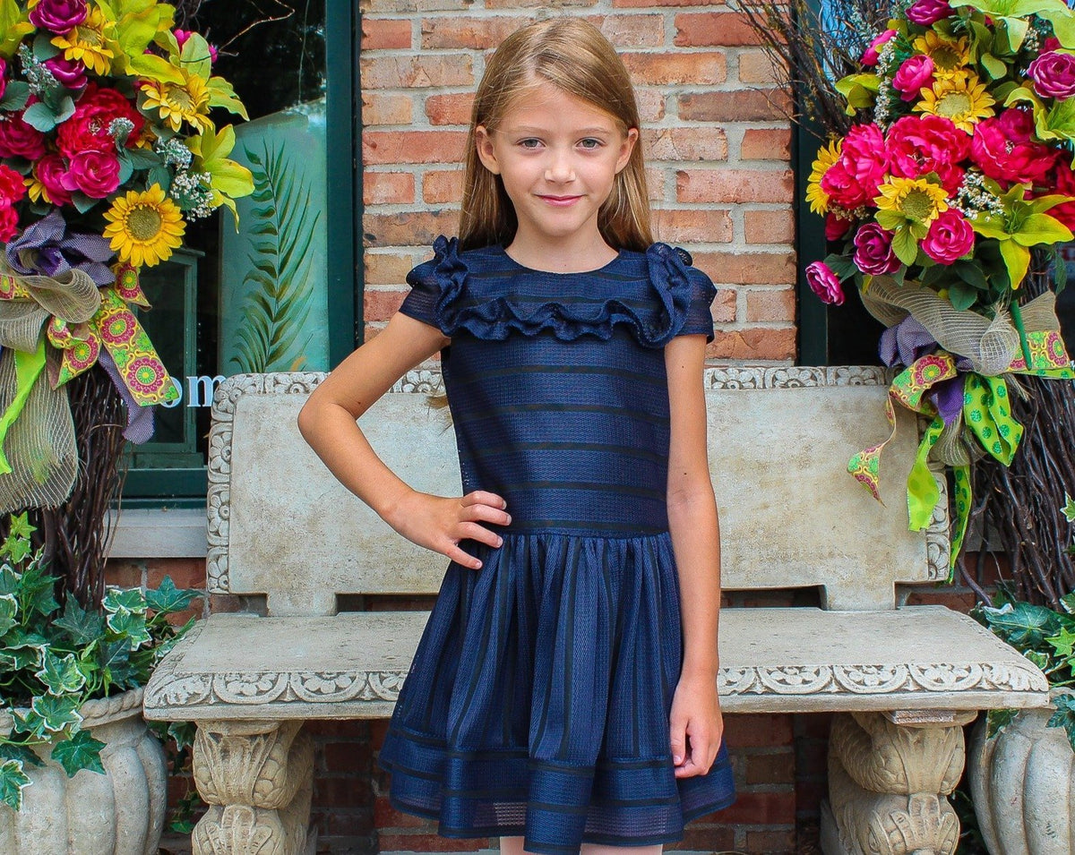 David Charles London Girls Navy Striped Dress