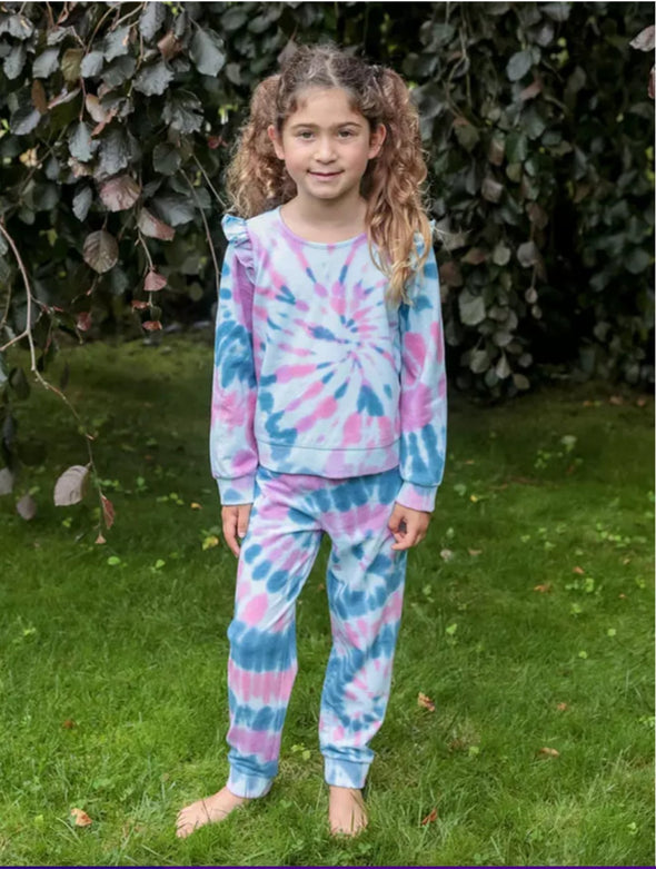 Design History Girls Aqua Star Ruffled Shoulders Tie Dye Lounge Set | HONEYPIEKIDS | Kids Boutique Clothing