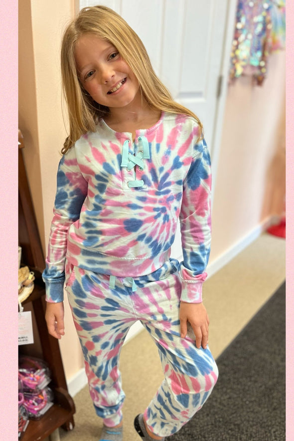 Design History Girls Aqua Star Tie-Dye Tie Front Sweatshirt & Pants Set | HONEYPIEKIDS | Kids Boutique Clothing
