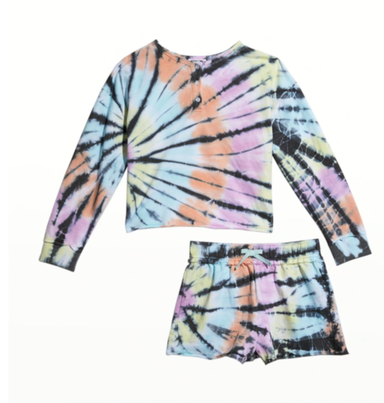 Design History Girls Cool Mint Tie Dye Button L/S Top & Shorts Set | HONEYPIEKIDS 