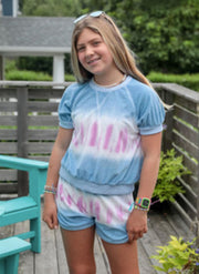 Design History Girls Denim Blue & Pink Shine Terry Top & Shorts Set | HONEYPIEKIDS 