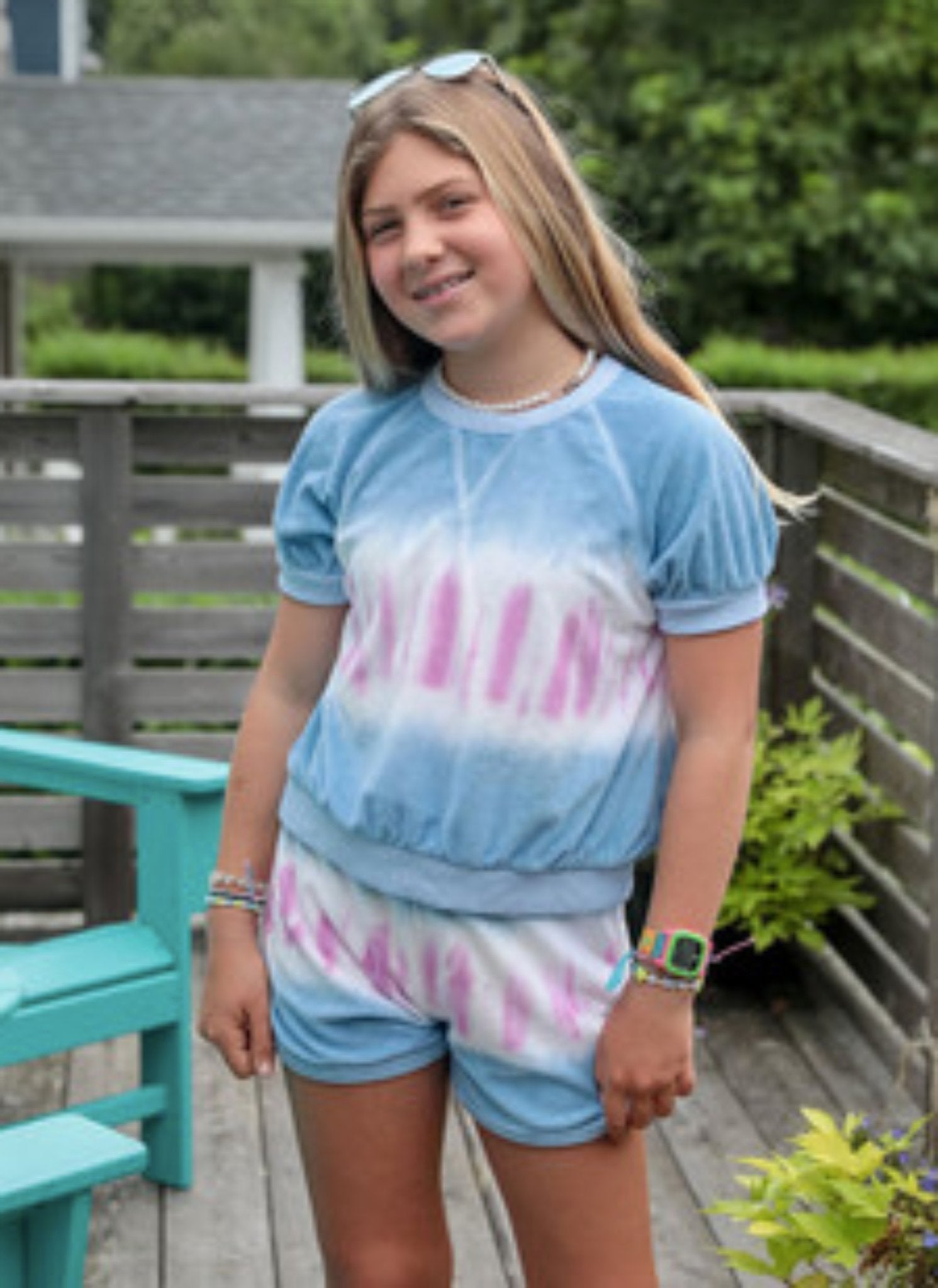 Design History Girls Denim Blue & Pink Shine Terry Top & Shorts Set | HONEYPIEKIDS 