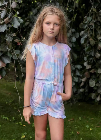 Design History Girls Lilac Wave Tie Dye Button Front Shorts Romper | HONEYPIEKIDS | Kids Boutique Clothing