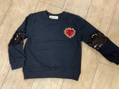 Doe a Dear Girls Black Long Sleeve Sweatshirt with Sequin Heart Applique | HONEYPIEKIDS | Kids Boutique Clothing