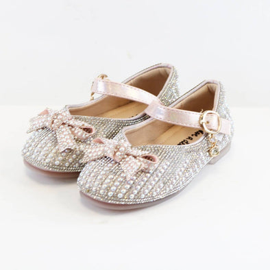 Girls Pearl & Rhinestone Bow PINK & SILVER Flat Shoes | HONEYPIEKIDS | Kids Boutique Clothing