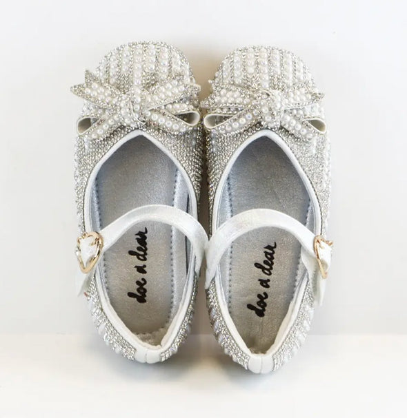 Girls Pearl & Rhinestone Bow SILVER Flat Shoes | HONEYPIEKIDS | Kids Boutique Clothing
