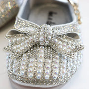Doe a Dear Pearl & Rhinestone Bow SILVER Girls Dress Shoes | HONEYPIEKIDS 