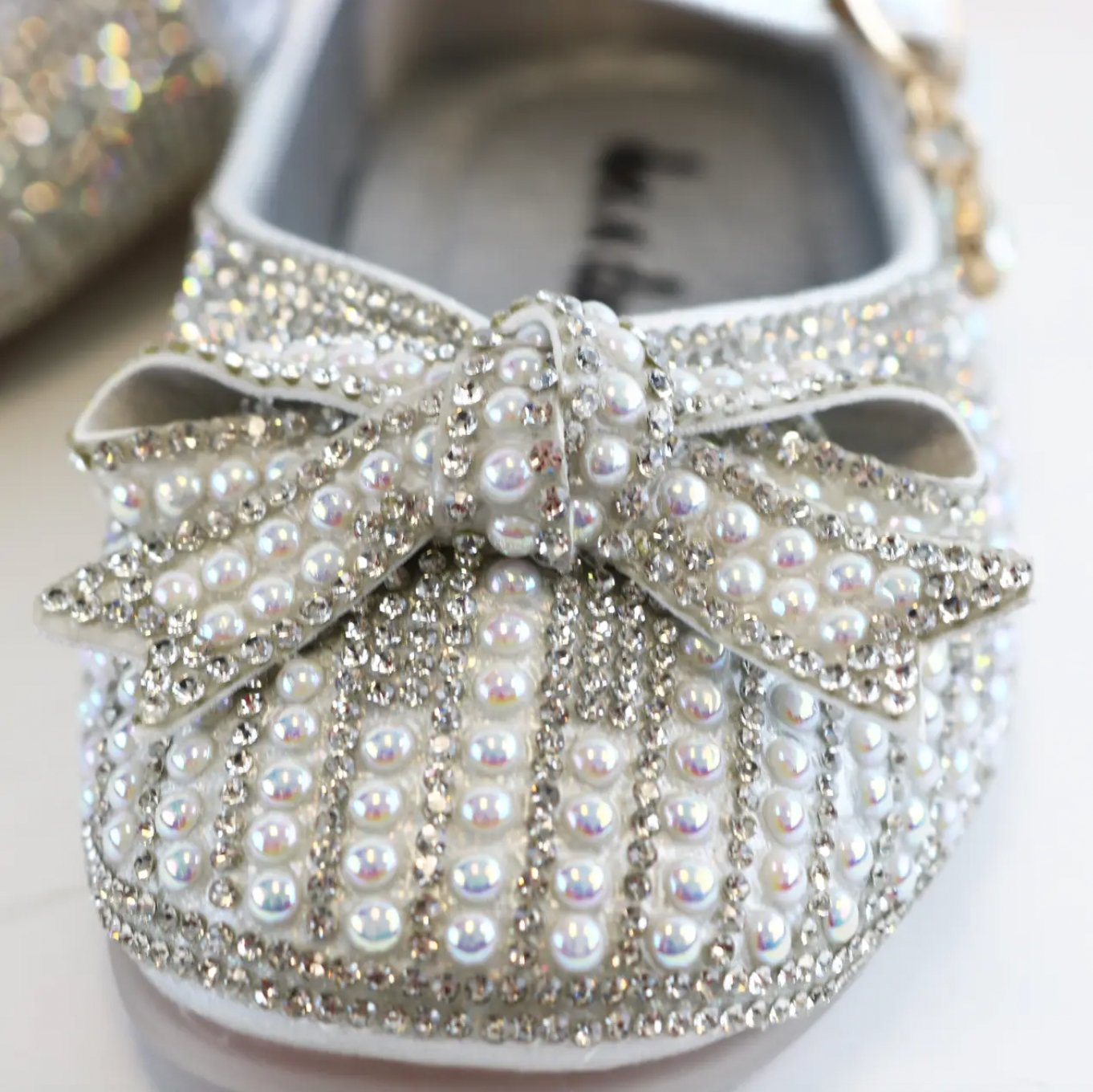 Doe a Dear Pearl & Rhinestone Bow SILVER Girls Dress Shoes | HONEYPIEKIDS 