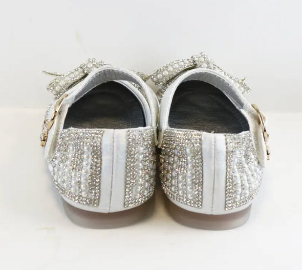 Girls Pearl & Rhinestone Bow SILVER Flat Shoes | HONEYPIEKIDS | Kids Boutique 