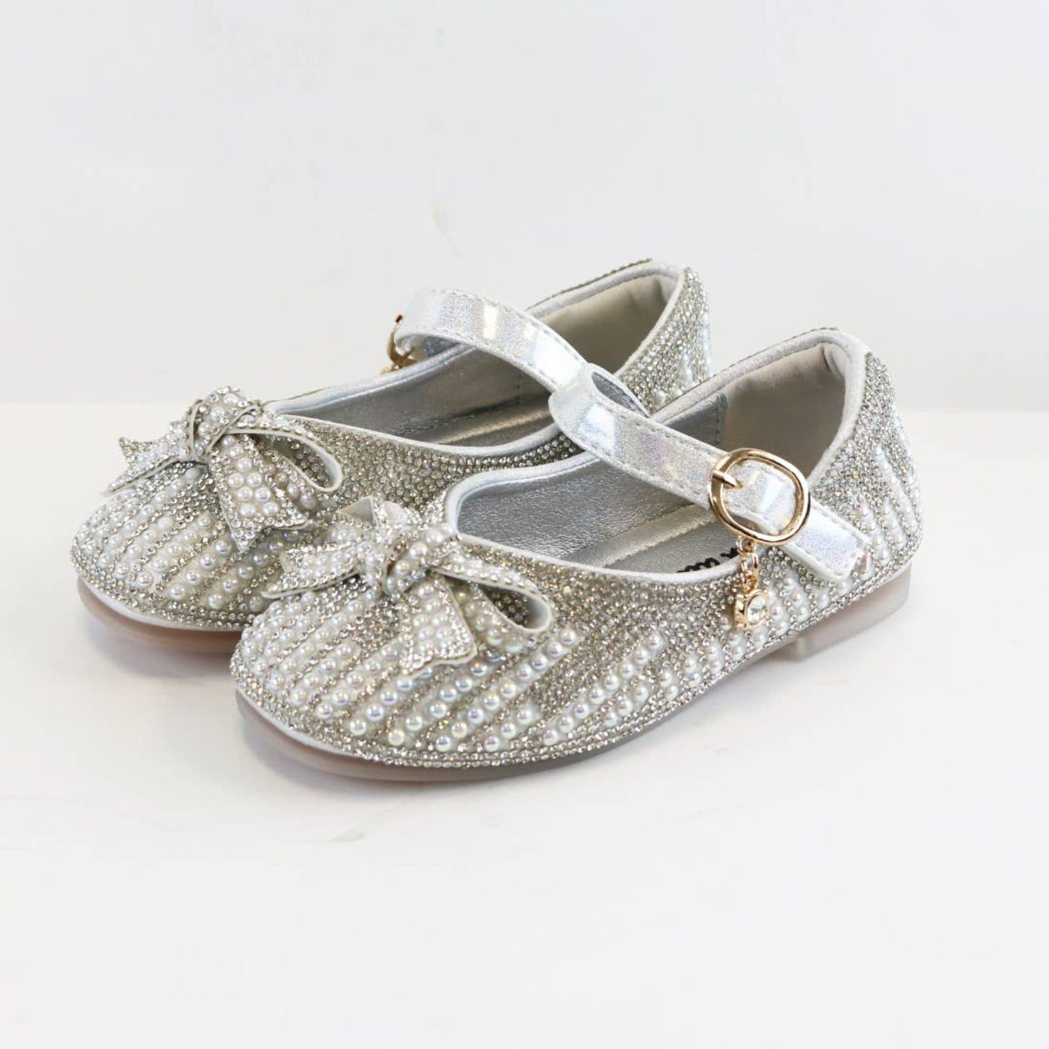 Doe a Dear Pearl & Rhinestone Bow SILVER Girls Dress Shoes | HONEYPIEKIDS 