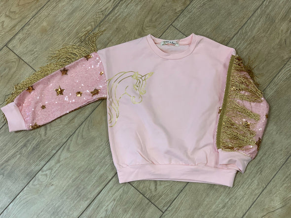 Doe a Dear Girls Pink Unicorn Sweatshirt With Sequin & Fringe Sleeves | HONEYPIEKIDS | Kids Boutique Clothing