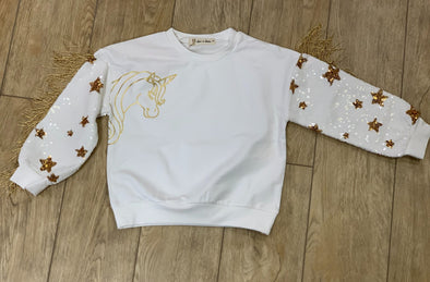 Doe a Dear Girls White Unicorn Sweatshirt With Gold Sequin & Fringe Sleeves | HONEYPIEKIDS | Kids Boutique Clothing
