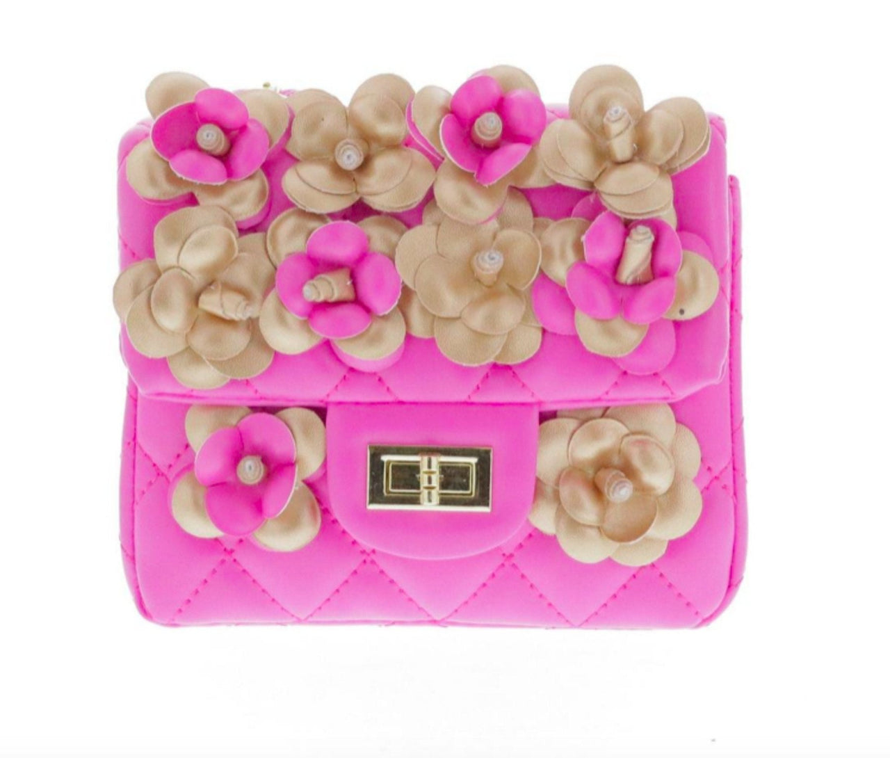 Doe a Dear Pink Flower Square Quilted Bag with Turn Clasp & Cross Body Chain | HONEYPIEKIDS 