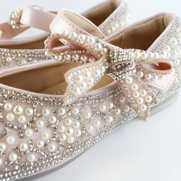 HONEYPIEKIDS | Doe A Dear PINK & BEIGE Bowtie Strap Jewel Flat Girls Dress Shoes