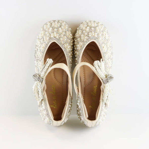 HONEYPIEKIDS | Doe A Dear BEIGE Bowtie Strap Jewel Flat Girls Dress Shoes