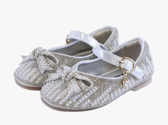 HONEYPIEKIDS | Doe a Dear SILVER Pearl & Rhinestone Bowtie Girls Dress Shoes