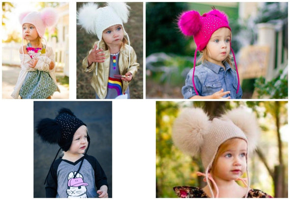 Toddlers and Kids Size Double Fur Pom Crystal Knit Braids Hat-  5 Color Choices | HONEYPIEKIDS | Kids Boutique Clothing