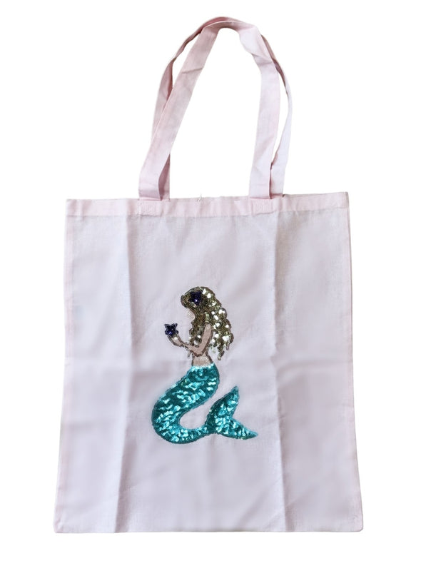 HONEYPIEKIDS | Girls Pink Sequin Mermaid Patch Linen Beach Tote Bag