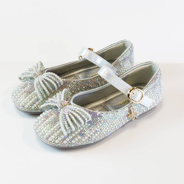 Girls Silver and Pearl Bowtie Flat Dress Shoes | HONEYPIEKIDS | Kids Boutique 